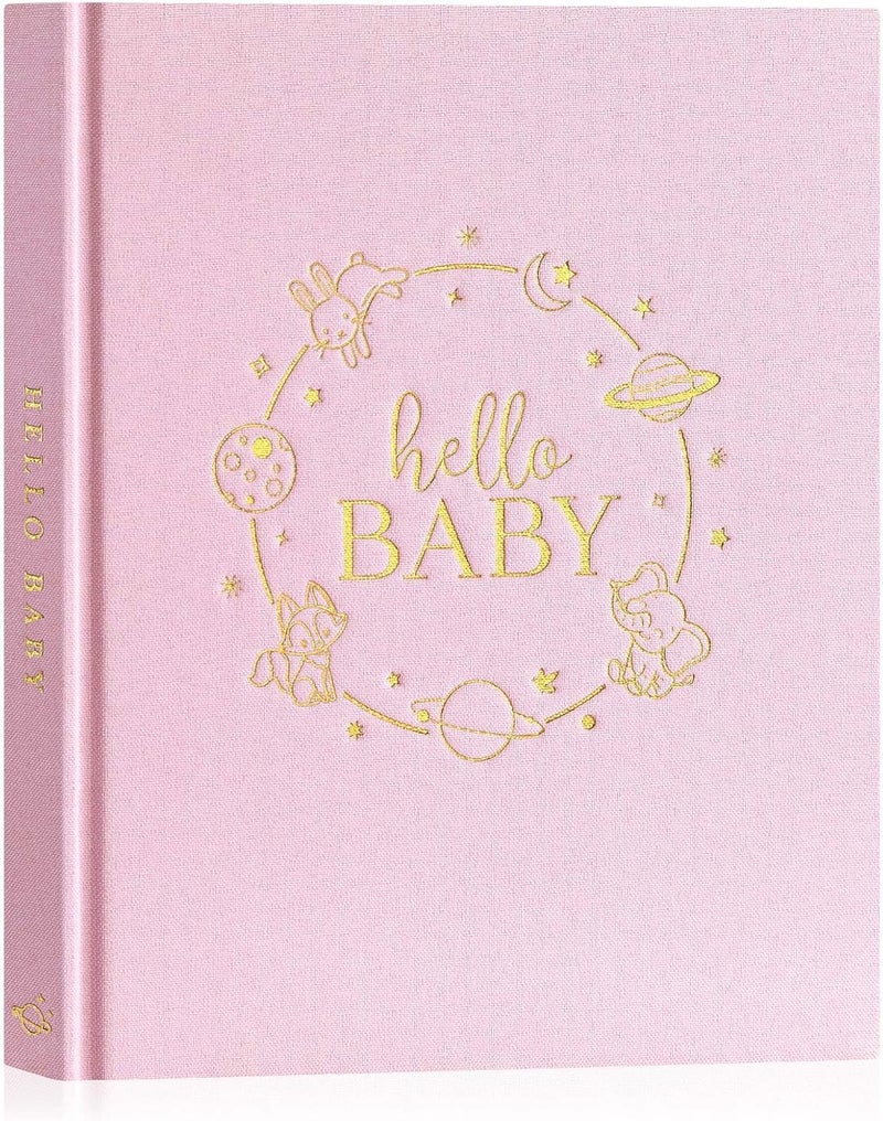 Lanpn Hello Baby Memory Book for Boy Girl  Linen Hardcover Baby Book Keepsake for New Parents  Newborn Baby First 5 Year Journal Scrapbook Photo Album Baby Milestone Book Pink 154 Pages - Image 1