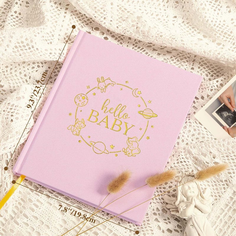 Lanpn Hello Baby Memory Book for Boy Girl  Linen Hardcover Baby Book Keepsake for New Parents  Newborn Baby First 5 Year Journal Scrapbook Photo Album Baby Milestone Book Pink 154 Pages - Image 2