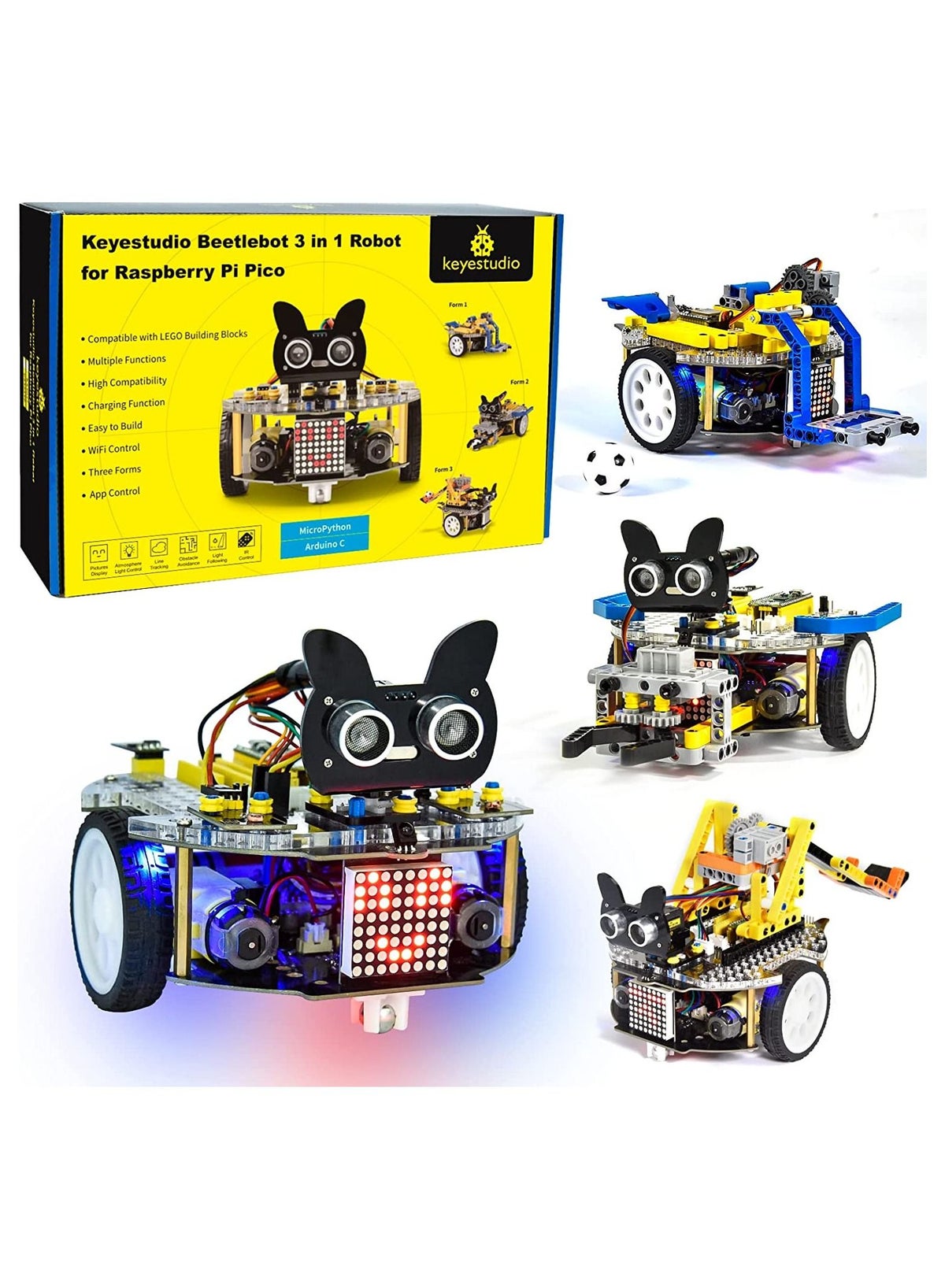 Keyestudio Beetlebot 3 in 1 Robot Car Starter Kit for Raspberry Pi PICO ...