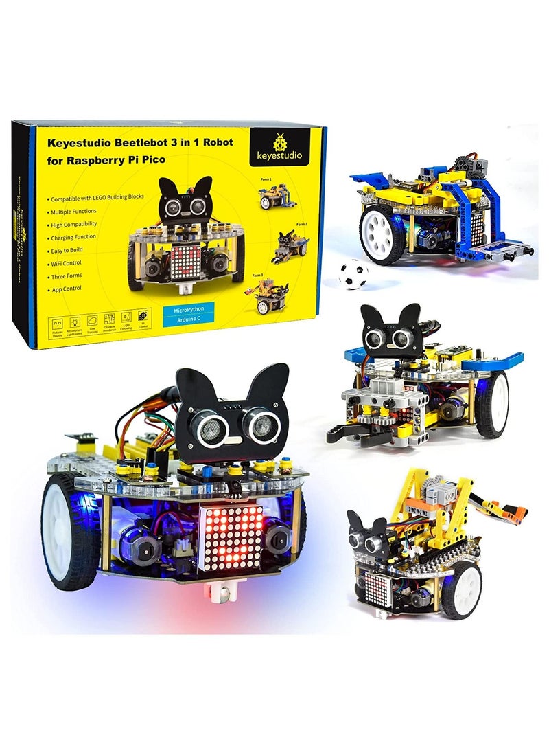 Keyestudio Beetlebot 3 in 1 Robot Car Starter Kit for Raspberry Pi PICO, Micro Python C plus Language, Matrix Display, APP & IR Remote Control, WiFi Module, with Building Blocks for Programming  - Image 1