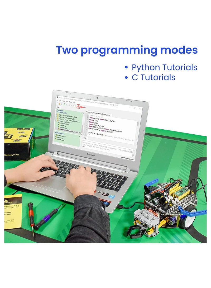 Beetlebot 3 in 1 Robot Car Starter Kit for Raspberry Pi PICO, Micro Python C plus Language, Matrix Display, APP & IR Remote Control, WiFi Module, with Building Blocks for Programming