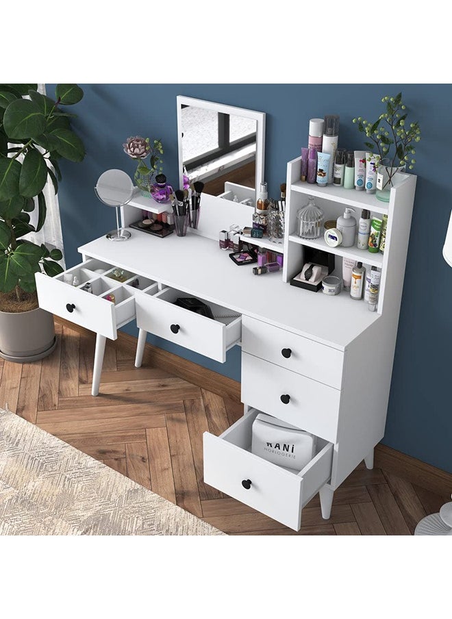 Home Canvas Home Canvas Makeup Dressing Table 5 Drawers Shelf Mirrored Jewelry Organizer White  - Image 1