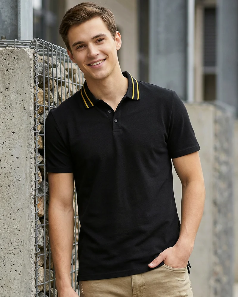 bewakoof Men's Black Textured Polo T-shirt