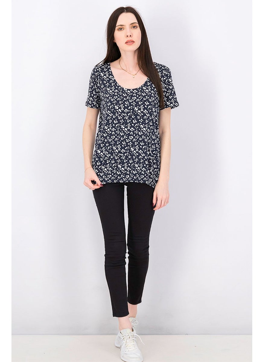 Tchibo - Women Scoop Neckline Floral Print Top, Navy Blue - Image 1