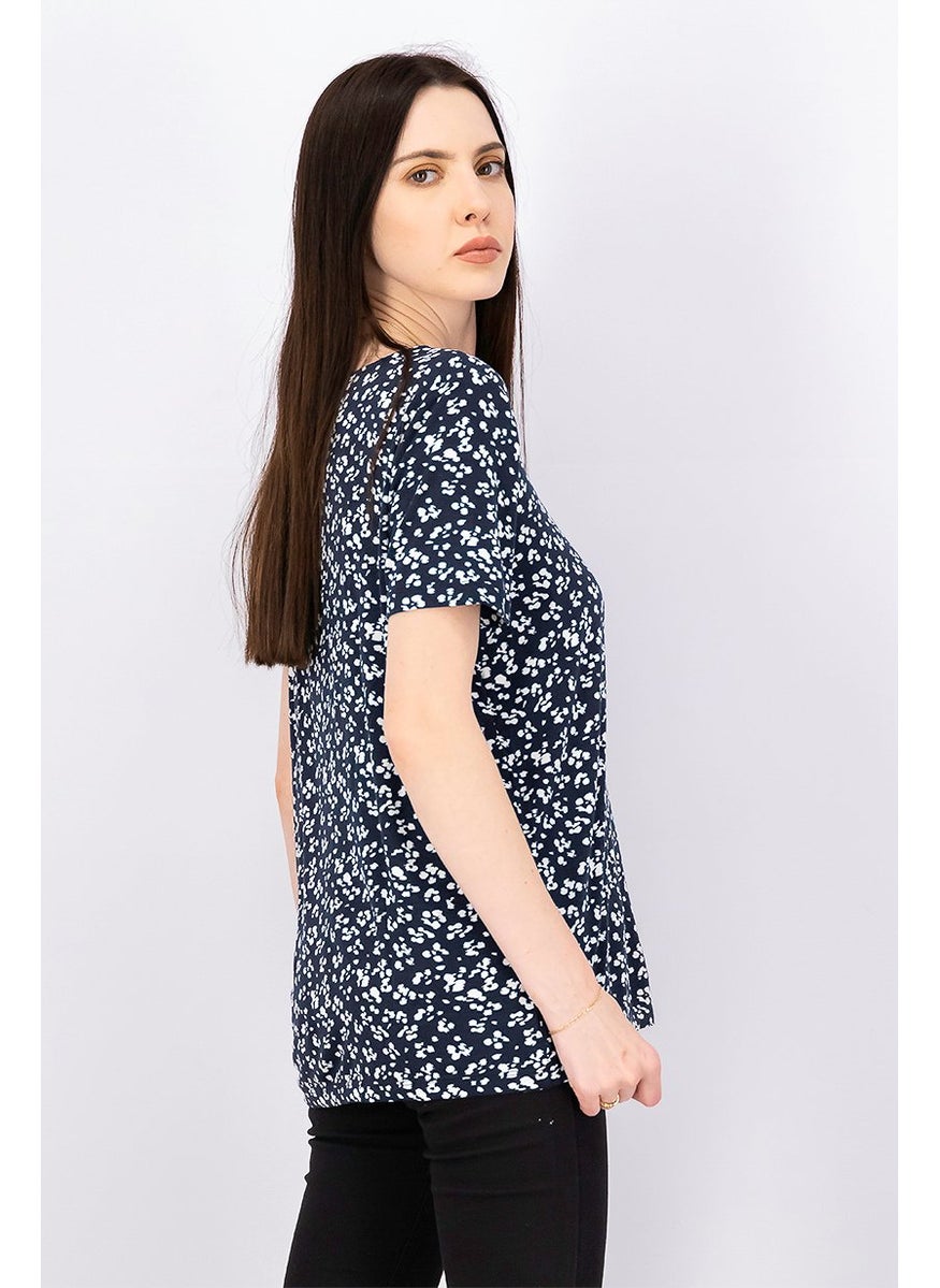 Tchibo - Women Scoop Neckline Floral Print Top, Navy Blue - Image 1