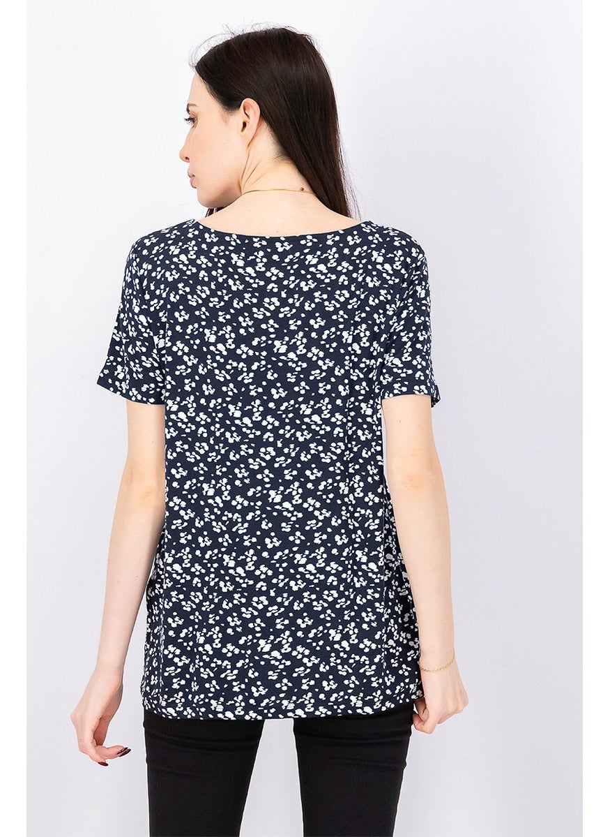 Tchibo - Women Scoop Neckline Floral Print Top, Navy Blue - Image 1