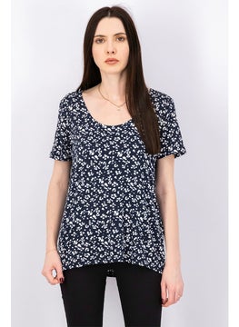Women Scoop Neckline Floral Print Top, Navy Blue