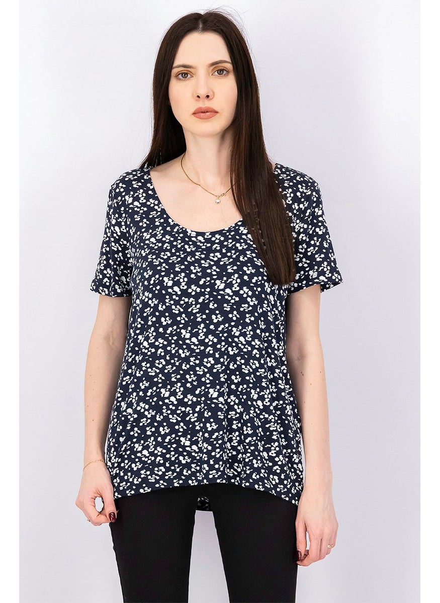 Tchibo - Women Scoop Neckline Floral Print Top, Navy Blue - Image 1