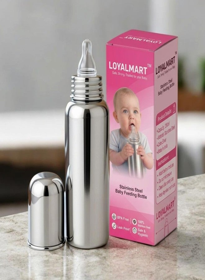 Loyalmart Stainless Steel Baby Feeding Bottle Baby Feeder 250ml BPA Free No Plastic Contact Hygienic Safe Use Soft Silicone Nipple And Leak Resistant Infant Milk Bottle for Newborn & Babies (Silver, 250ml) - Image 1