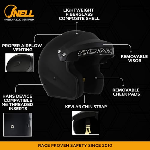 Conquer Snell SA2020 Approved Open Face Auto Racing Race Car Helmet - Adult | Men | Women | Youth - ( Black / White / Silver ) - Image 2