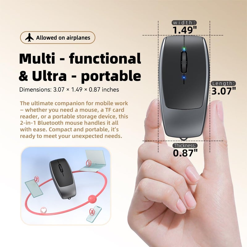 FMOUSE Ultra-Compact 2-in-1 Wireless Bluetooth Mouse + TF Card Reader - Free 8GB TF Card, Rechargeable, Type-C to USB Adapter, Ultra-Compact (78Ã—38Ã—22mm), Perfect for Mobile Professionals, Grey - Image 3