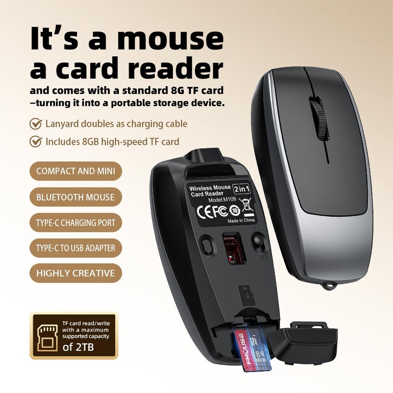FMOUSE Ultra-Compact 2-in-1 Wireless Bluetooth Mouse + TF Card Reader - Free 8GB TF Card, Rechargeable, Type-C to USB Adapter, Ultra-Compact (78Ã—38Ã—22mm), Perfect for Mobile Professionals, Grey - Image 2