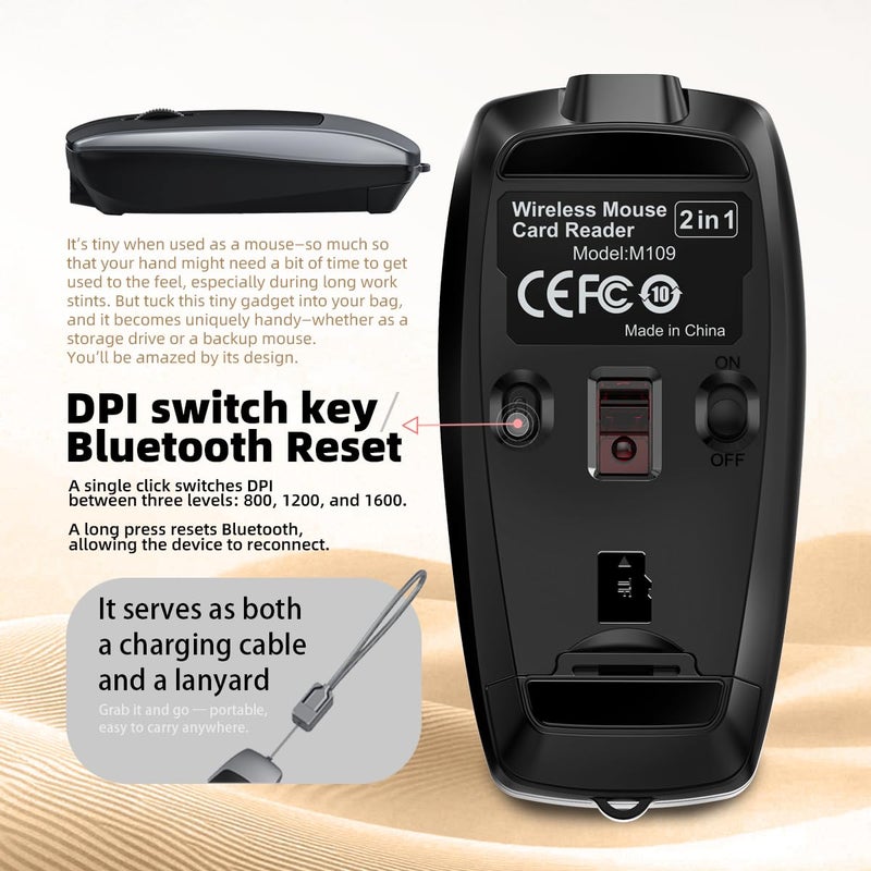 FMOUSE Ultra-Compact 2-in-1 Wireless Bluetooth Mouse + TF Card Reader - Free 8GB TF Card, Rechargeable, Type-C to USB Adapter, Ultra-Compact (78Ã—38Ã—22mm), Perfect for Mobile Professionals, Grey - Image 5