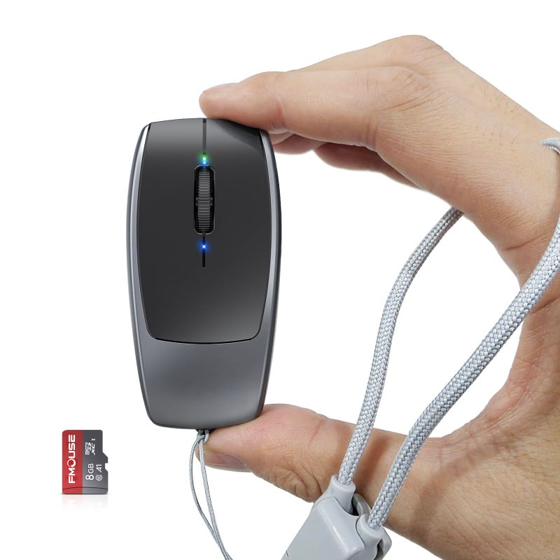 FMOUSE Ultra-Compact 2-in-1 Wireless Bluetooth Mouse + TF Card Reader - Free 8GB TF Card, Rechargeable, Type-C to USB Adapter, Ultra-Compact (78Ã—38Ã—22mm), Perfect for Mobile Professionals, Grey - Image 1