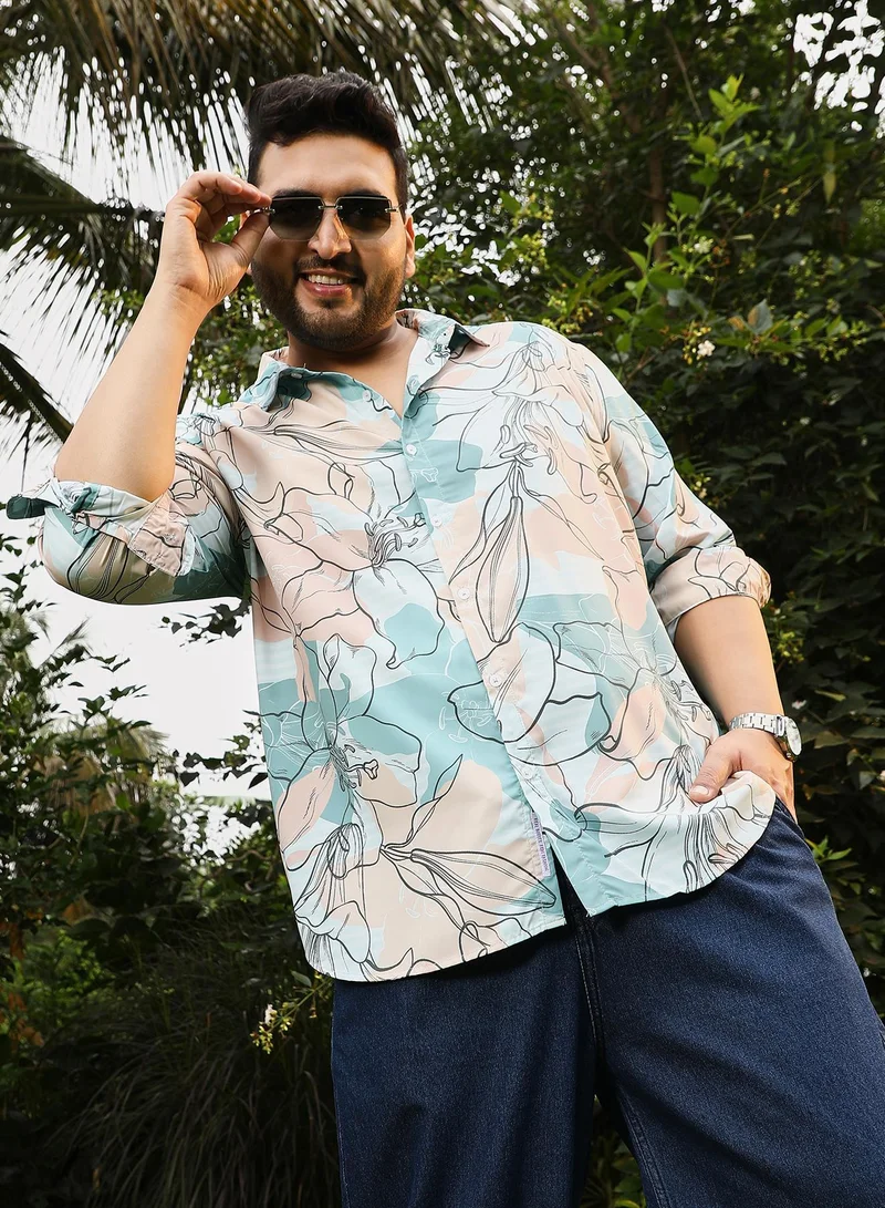 انستافاب بلس قميص رجالي بطبعة نباتية زرقاء وخوخية بياقة منتشرة وأكمام طويلة بأزرار وحافة منحنية من البوليستر بطبعة زهور للاستخدام اليومي والكاجوال