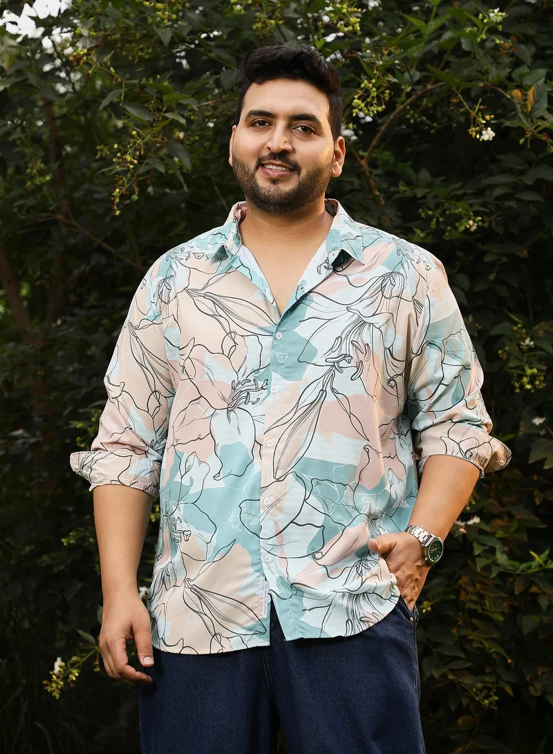 انستافاب بلس قميص رجالي بطبعة نباتية زرقاء وخوخية بياقة منتشرة وأكمام طويلة بأزرار وحافة منحنية من البوليستر بطبعة زهور للاستخدام اليومي والكاجوال