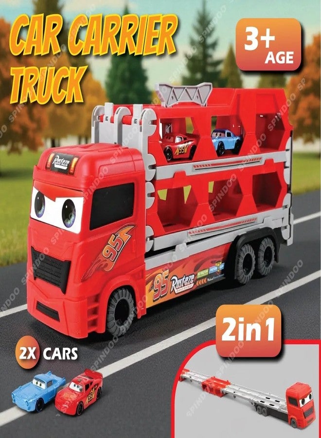 Spindoo Big Hauler Storage Transport Truck Toy with 2-in-1 Foldable Ejection Race Track & 2 Die-Cast Cars | Deformable Racing Playset with Carry Handle | Push & Go Toy Vehicle - Image 2