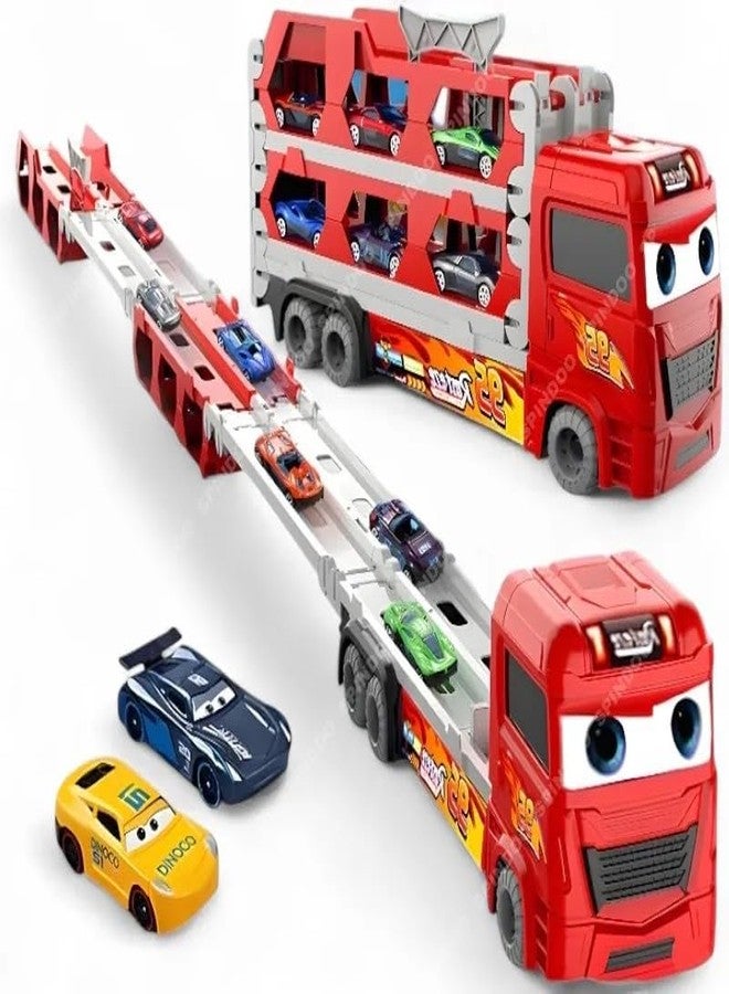 Spindoo Big Hauler Storage Transport Truck Toy with 2-in-1 Foldable Ejection Race Track & 2 Die-Cast Cars | Deformable Racing Playset with Carry Handle | Push & Go Toy Vehicle - Image 1