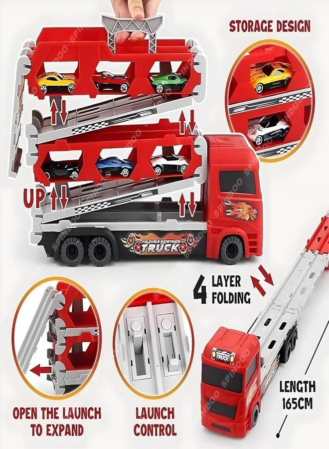 Spindoo Big Hauler Storage Transport Truck Toy with 2-in-1 Foldable Ejection Race Track & 2 Die-Cast Cars | Deformable Racing Playset with Carry Handle | Push & Go Toy Vehicle - Image 3