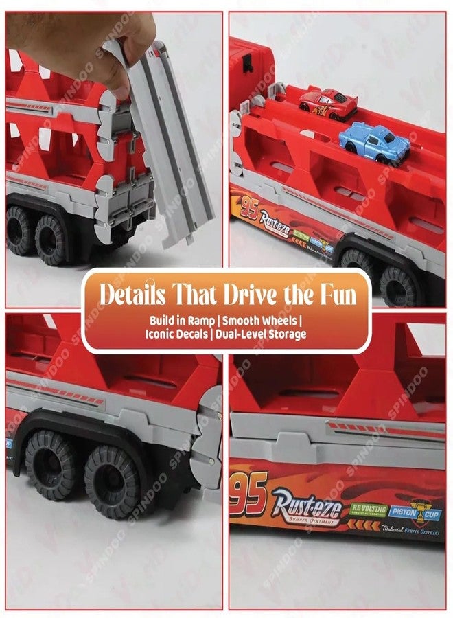 Spindoo Big Hauler Storage Transport Truck Toy with 2-in-1 Foldable Ejection Race Track & 2 Die-Cast Cars | Deformable Racing Playset with Carry Handle | Push & Go Toy Vehicle - Image 4