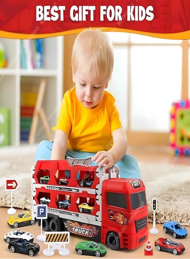Spindoo Big Hauler Storage Transport Truck Toy with 2-in-1 Foldable Ejection Race Track & 2 Die-Cast Cars | Deformable Racing Playset with Carry Handle | Push & Go Toy Vehicle - Image 5