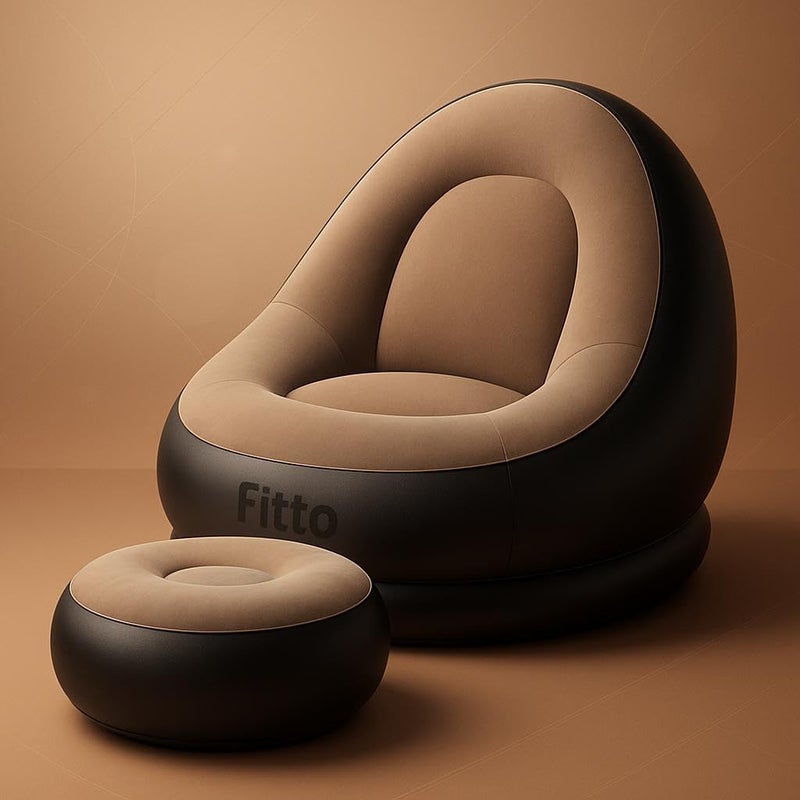 FITTO Thickened Flocking Inflatable Sofa & Footstool Set – Portable Lazy Sofa Bed with Air Cushion Recliner, Foldable PVC Material, Brown, Maximum Load 100kg - Image 3