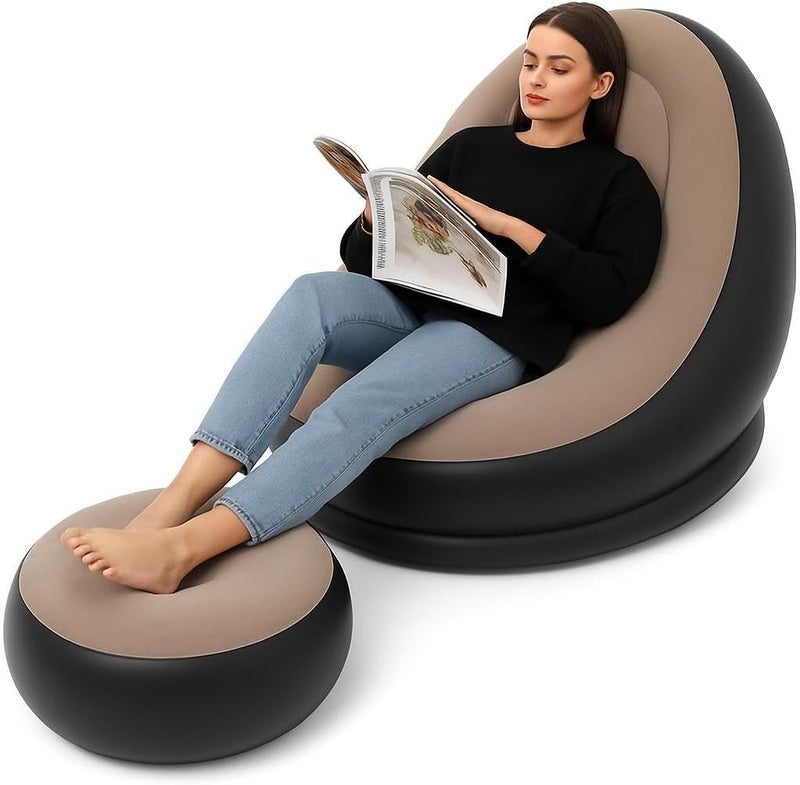 FITTO Thickened Flocking Inflatable Sofa & Footstool Set – Portable Lazy Sofa Bed with Air Cushion Recliner, Foldable PVC Material, Brown, Maximum Load 100kg - Image 1