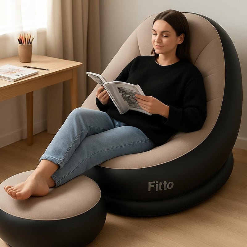 FITTO Thickened Flocking Inflatable Sofa & Footstool Set – Portable Lazy Sofa Bed with Air Cushion Recliner, Foldable PVC Material, Brown, Maximum Load 100kg - Image 2