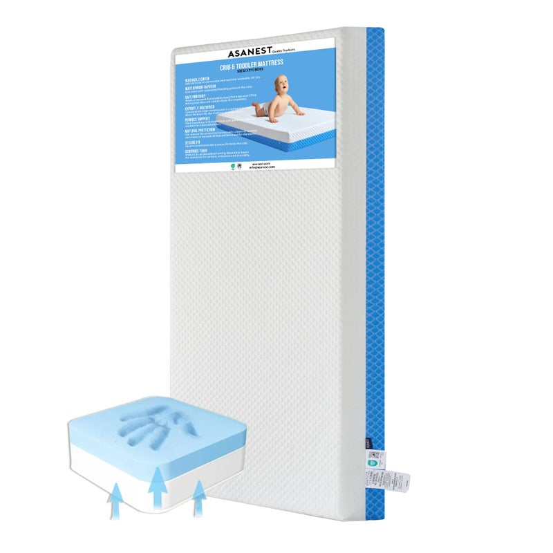 ASANEST Dual Sided Comfort Gel Memory Foam,Breathable Baby Bed Mattress for Crib,Memory Foam Crib Mattress,Premium for Infant and Toddler w/Removable Outer Cover - White&Blue,Standard Size - Image 1