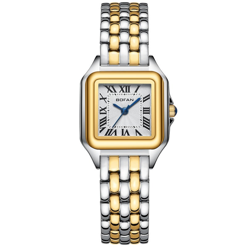 BOFAN Small Gold Watches for Women Easy Reader Ladies Quartz Wrist Watch with Stainless Steel Band,White Roman Dial,Water Resistant,Bracelet Adjuster Included - Image 1