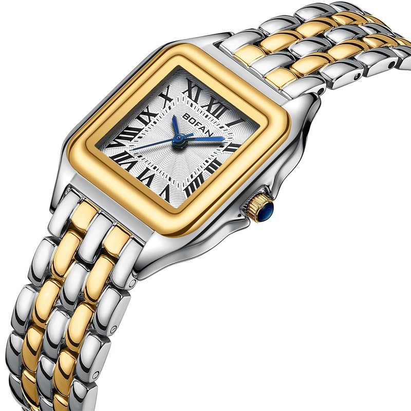BOFAN Small Gold Watches for Women Easy Reader Ladies Quartz Wrist Watch with Stainless Steel Band,White Roman Dial,Water Resistant,Bracelet Adjuster Included - Image 2
