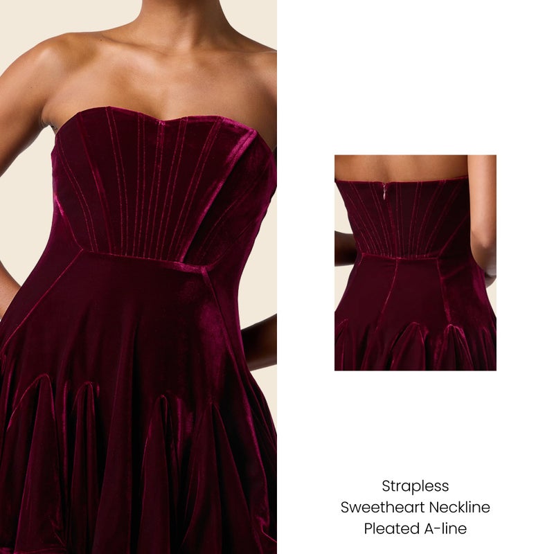 Lulus Zarae Corset Velvet Flounce Skirt Mini Dress Womenâ€™s Strapless Cocktail Dress with Pleated A-Line Hem Merlot - Image 2