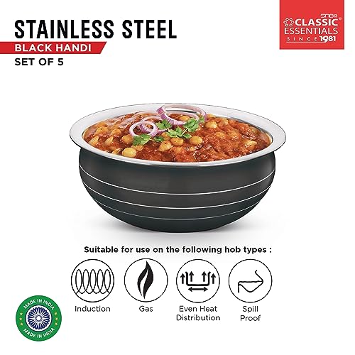 Classic Essentials Patila Set with Serving Spoon | Biryani Cook & Serve | Kitchen Cookware Set | Induction Cookware Set Stainless Steel (300ml, 550ml, 750ml, 1100, 1500ml (Black) - Image 5
