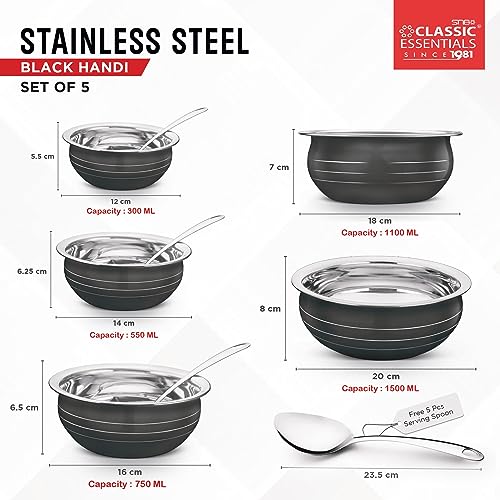 Classic Essentials Patila Set with Serving Spoon | Biryani Cook & Serve | Kitchen Cookware Set | Induction Cookware Set Stainless Steel (300ml, 550ml, 750ml, 1100, 1500ml (Black) - Image 3
