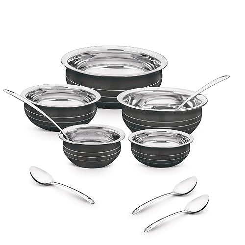 Classic Essentials Patila Set with Serving Spoon | Biryani Cook & Serve | Kitchen Cookware Set | Induction Cookware Set Stainless Steel (300ml, 550ml, 750ml, 1100, 1500ml (Black) - Image 1