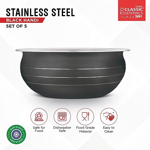 Classic Essentials Patila Set with Serving Spoon | Biryani Cook & Serve | Kitchen Cookware Set | Induction Cookware Set Stainless Steel (300ml, 550ml, 750ml, 1100, 1500ml (Black) - Image 2