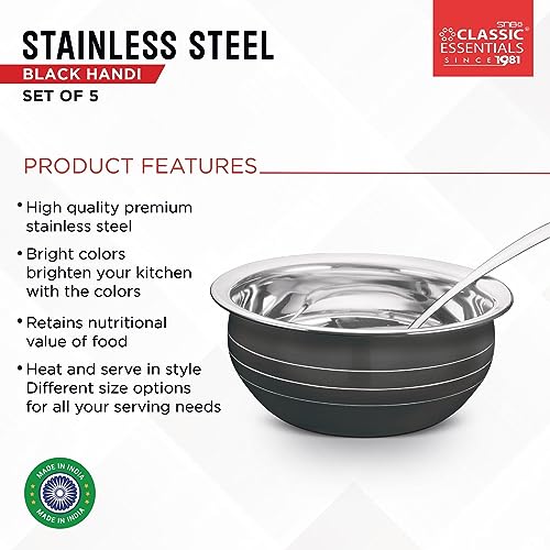 Classic Essentials Patila Set with Serving Spoon | Biryani Cook & Serve | Kitchen Cookware Set | Induction Cookware Set Stainless Steel (300ml, 550ml, 750ml, 1100, 1500ml (Black) - Image 4