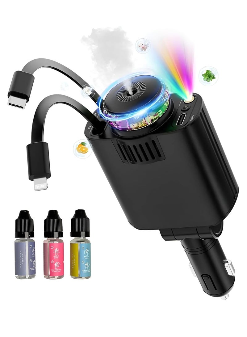 DIGI CORE 5-in-1 Car Charger With Air Freshener Star Light, Retractable Cables USB-C & iOS 3 Perfume Bottle 45W Car Fast Charger Smart Portable Car Air Freshener with Starlight Diffuser Intelligent Sensing & Atmosphere Lighting Black - Image 1