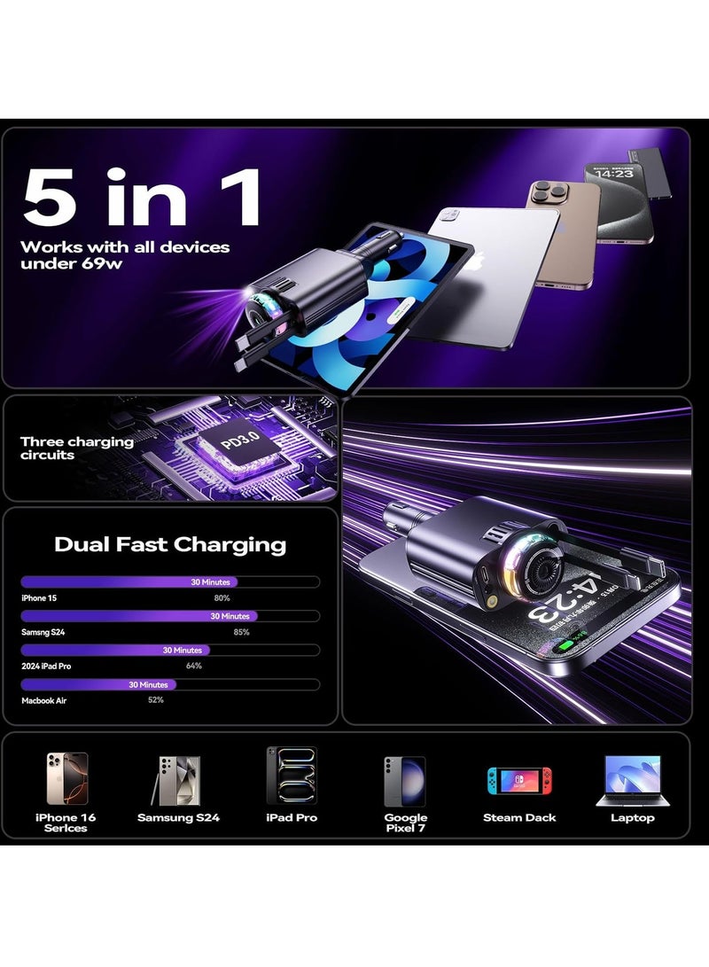 DIGI CORE 5-in-1 Car Charger With Air Freshener Star Light, Retractable Cables USB-C & iOS 3 Perfume Bottle 45W Car Fast Charger Smart Portable Car Air Freshener with Starlight Diffuser Intelligent Sensing & Atmosphere Lighting Black - Image 3