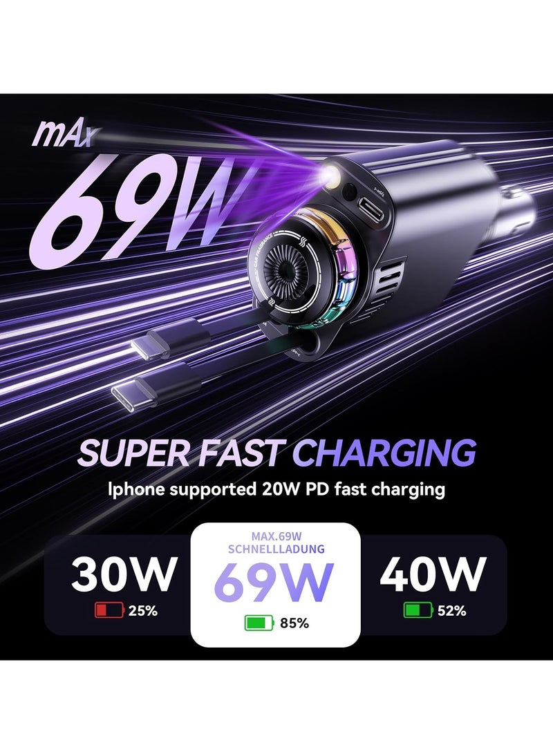DIGI CORE 5-in-1 Car Charger With Air Freshener Star Light, Retractable Cables USB-C & iOS 3 Perfume Bottle 45W Car Fast Charger Smart Portable Car Air Freshener with Starlight Diffuser Intelligent Sensing & Atmosphere Lighting Black - Image 4