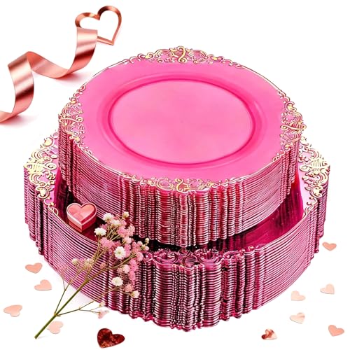 Joyido 102PCS Clear Hot Pink Plastic Plates Pink Disposable Plate with Gold Rim Hot Pink Party Plates Include 51PCS 75inch Dessert 1025inch Dinner Plate for Wedding Birthday Valentines Day - Image 2