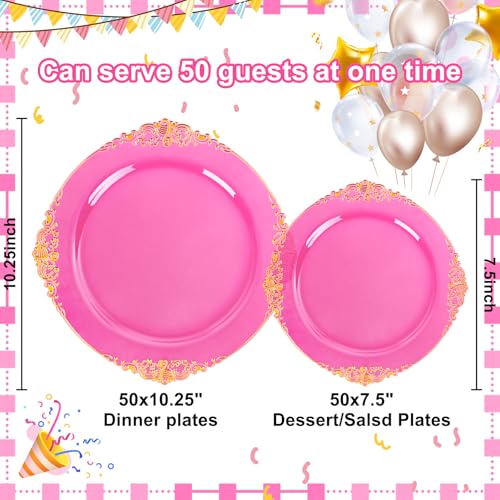Joyido 102PCS Clear Hot Pink Plastic Plates Pink Disposable Plate with Gold Rim Hot Pink Party Plates Include 51PCS 75inch Dessert 1025inch Dinner Plate for Wedding Birthday Valentines Day - Image 5