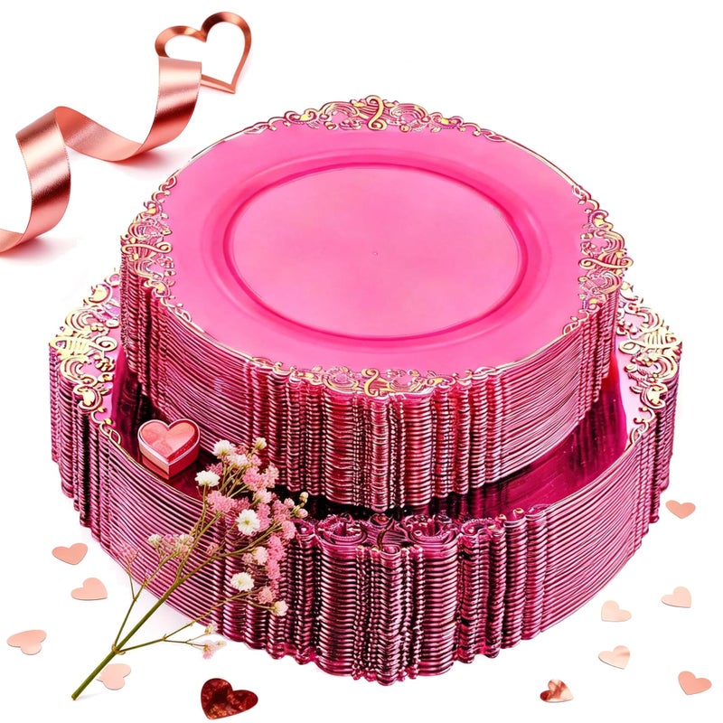 Joyido 102PCS Clear Hot Pink Plastic Plates Pink Disposable Plate with Gold Rim Hot Pink Party Plates Include 51PCS 75inch Dessert 1025inch Dinner Plate for Wedding Birthday Valentines Day - Image 1