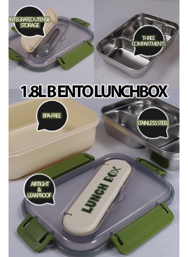 توشيونيكس صندوق غداء كلاسيكي من الفولاذ المقاوم للصدأ سعة 1.8 لتر - صندوق وجبات بينتو بثلاثة أقسام وملعقة وفتحة أدوات مائدة مدمجة في الغطاء - آمن للاستخدام في الفريزر وغسالة الأطباق والميكروويف، مانع للتسرب ومحكم الإغلاق مع ثلاثة أقسام، خالٍ من مادة BPA، خفيف الوزن، حاوية طعام متينة للبالغين والأطفال - للمنزل والمكتب والمدرسة وحضانة الأطفال والسفر - 21 × 14 × 6 سم - Image 2