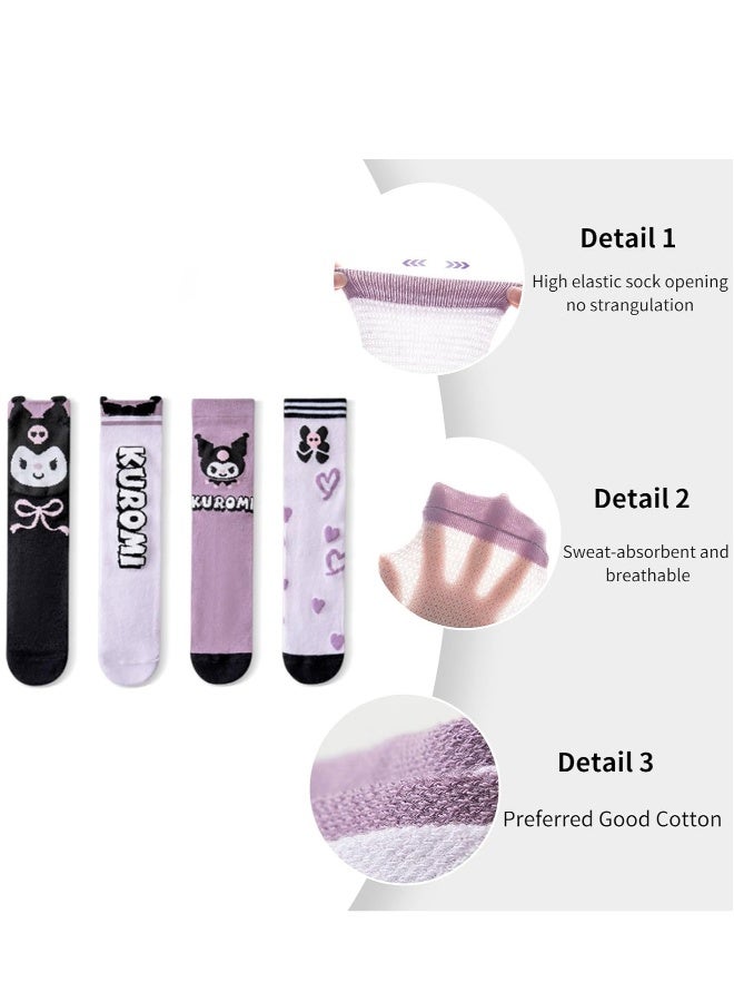 kuromi 4 Pairs Knee High Socks for Girls, Cute Cartoon Compression Sock, Comfy Breathable Long Cotton Stocking - Image 5