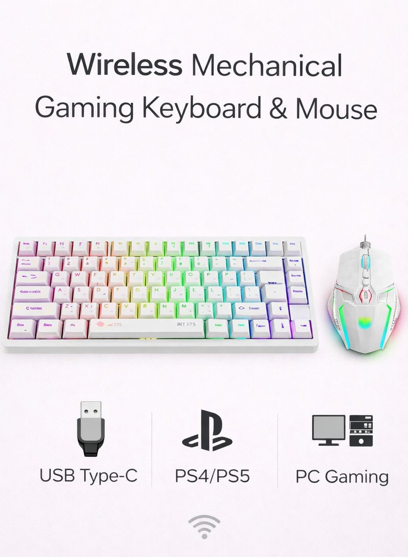 أيه أس أيه طقم لوحة مفاتيح وماوس ميكانيكي لاسلكي ASA KM75 – تصميم 75% مدمج بإضاءة RGB، اتصال ثلاثي (بلوتوث / 2.4 جيجاهرتز / USB-C)، مفاتيح ميكانيكية هادئة – أبيض - Image 1