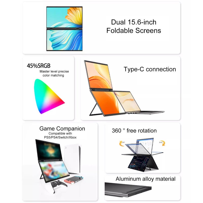 15.6Inch Dual Monitors - 1080P Laptop Screen Extender Foldable Dual 15.6-Inch Screens - Ultra-thin External Display for Windows Systems - Image 3