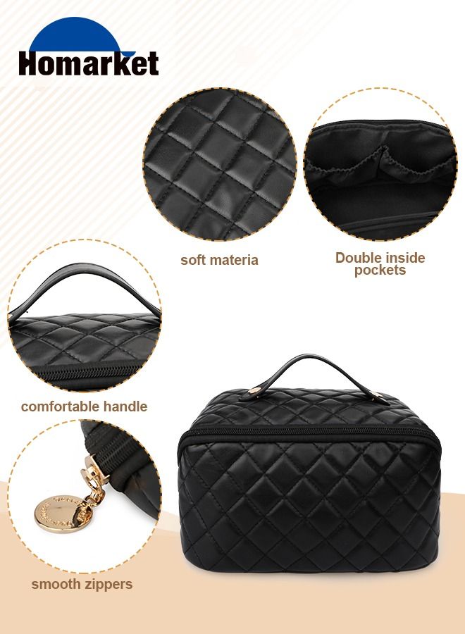 HomarKet Large Capacity Travel Cosmetic Bag - Portable Makeup Bags for Women Travel Toiletry Bag Waterproof Leather Checkered Makeup Organizer Bag, Roomy Cosmetic Bag for Women and Girls, Black - Image 4