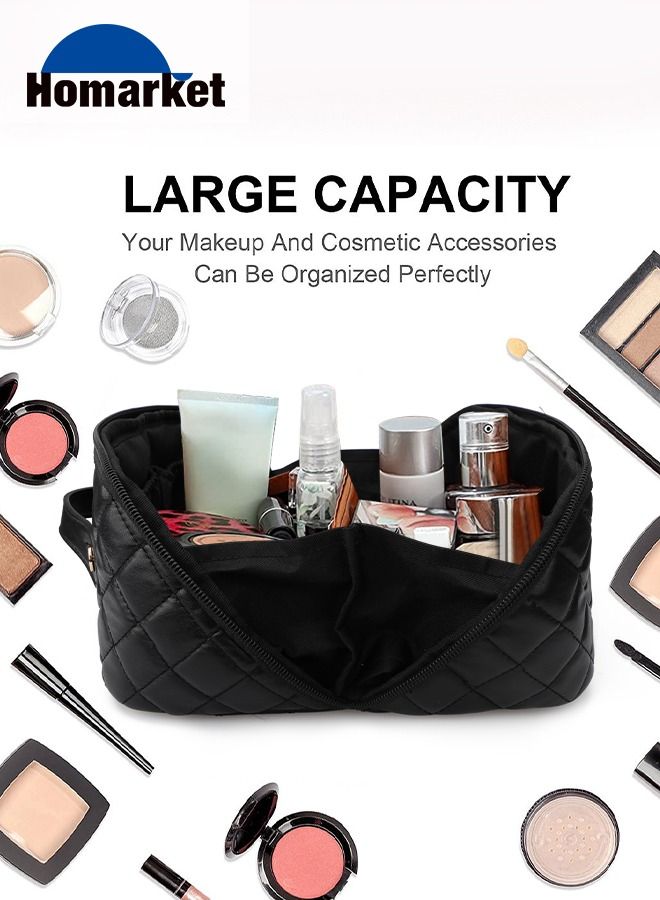 HomarKet Large Capacity Travel Cosmetic Bag - Portable Makeup Bags for Women Travel Toiletry Bag Waterproof Leather Checkered Makeup Organizer Bag, Roomy Cosmetic Bag for Women and Girls, Black - Image 3