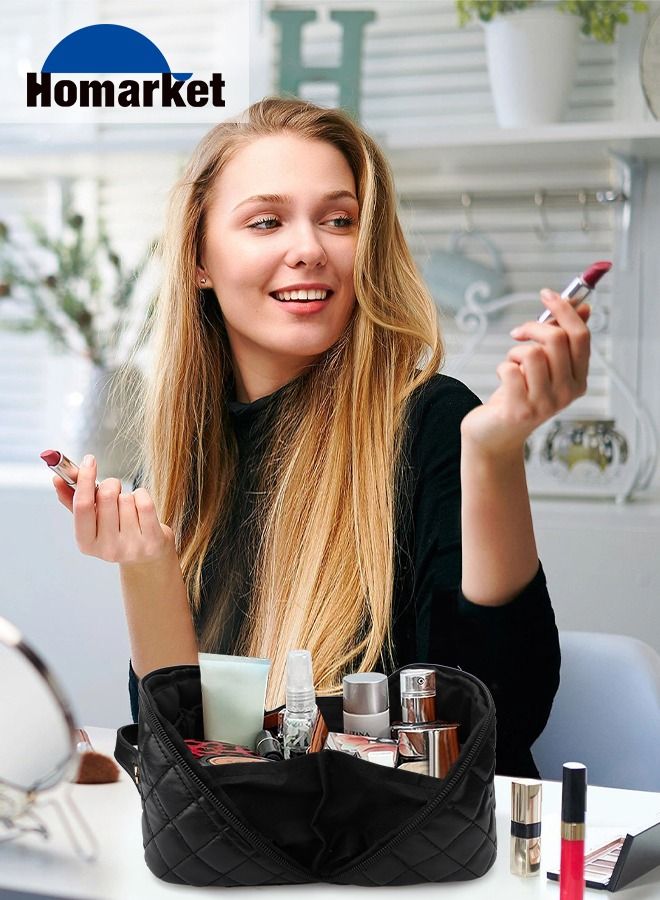 HomarKet Large Capacity Travel Cosmetic Bag - Portable Makeup Bags for Women Travel Toiletry Bag Waterproof Leather Checkered Makeup Organizer Bag, Roomy Cosmetic Bag for Women and Girls, Black - Image 2